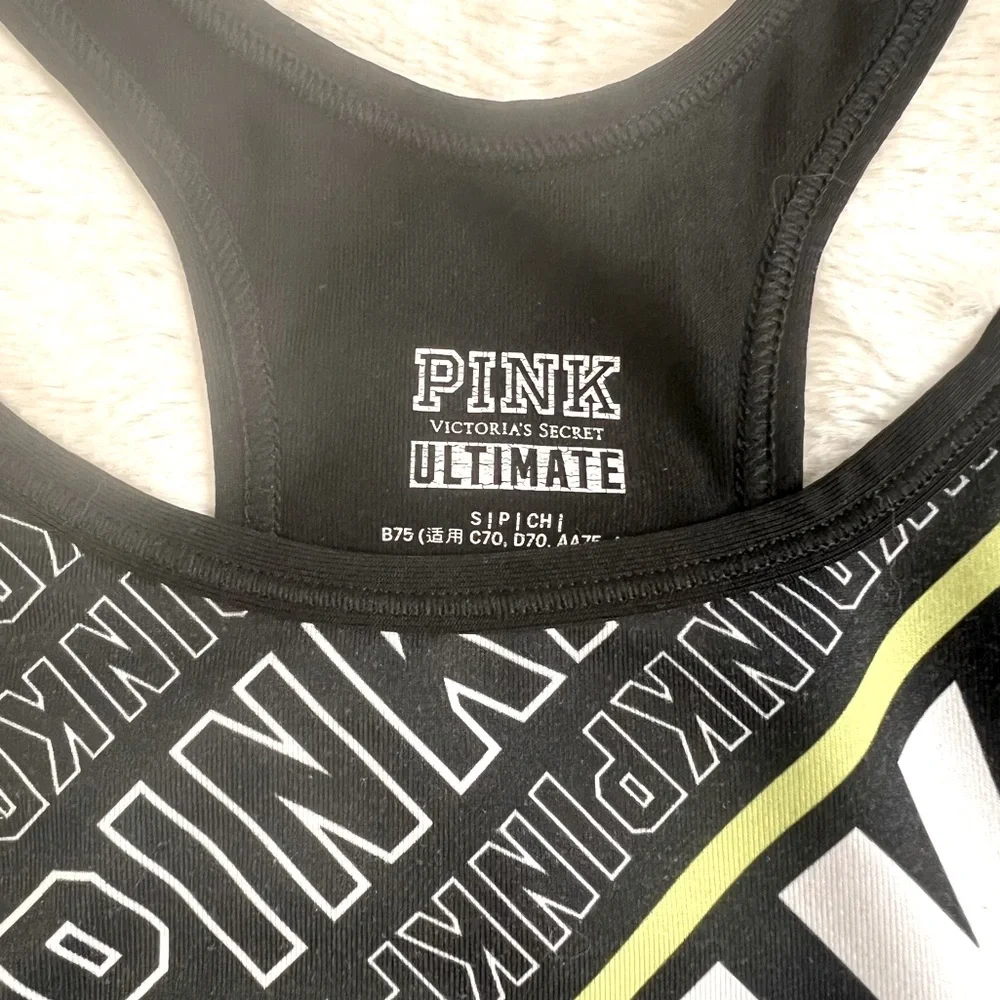 Victoria’s Secret PINK Ultimate Logo Unlined Black Yellow White Sports Bra S/P - Picture 2 of 5